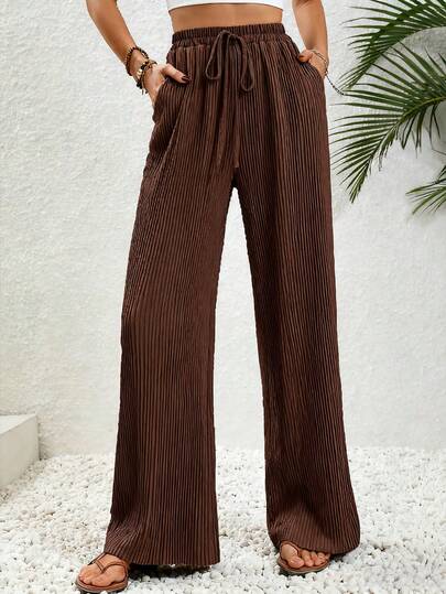SHEIN Elenzya Women's Coffee Brown Textured Fabric Front Tie Decor Elegant Teacher Outfit, Travel Outfit, Western Country Casual Boho Style, Suitable For Independence Day, Cyber Monday, Halloween, Double 11 Shopping Festival, Christmas Eve, Thanksgiving, Christmas, Diwali, Autumn Season New Loose Straight Leg Pants, Fashion Essential, Minimalist Design, Versatile