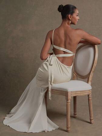 L'Amorae Satinchiffong Blandteknik Rygglös Klänning med En Axel Examensbal Bröllop Födelsedag