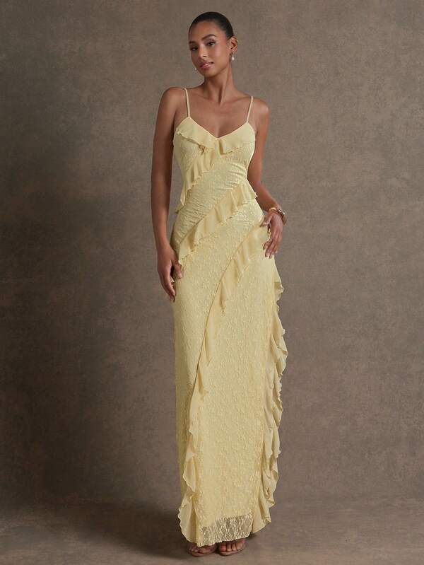 L'Amorae Maxi Dress With Asymmetrical Ruffle Detailing