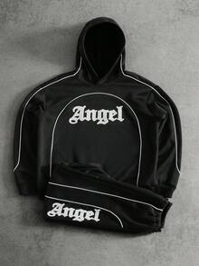 PAVTROS Men's Letter Embroidered Hoodie And Sweatpants Set, Fall Winter Clothes - Black - View 4