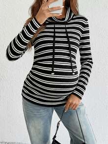 SHEIN 秋季/孕妇秋冬休闲通勤条纹长袖T恤 - 黑色 - 查看 5