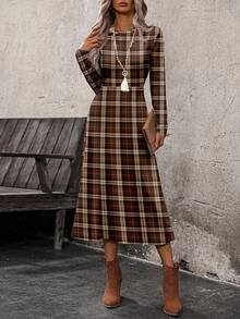 EMERY ROSE Casual Minimalist Vintage Coin Pattern Red-Brown Plaid Allover Print Long Sleeve Dress For Women, Suitable For Autumn/Winter - Multicolor - View 4