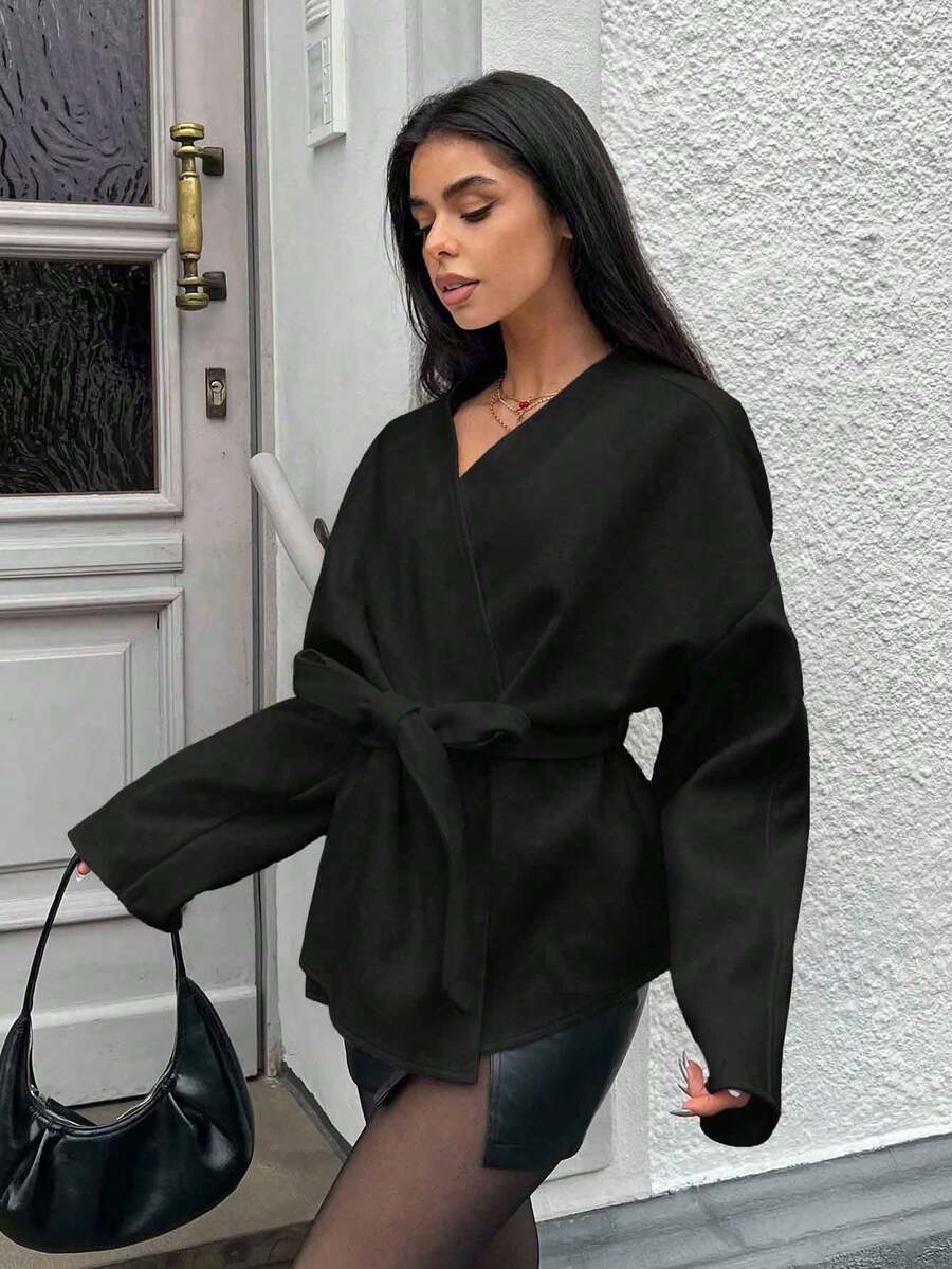 SHEIN EZwear Plus Size Solid Color Lace-Up Slim Casual Woolen Coat Black Wrap Jacket Winter Fall Autumn - Black - View 1