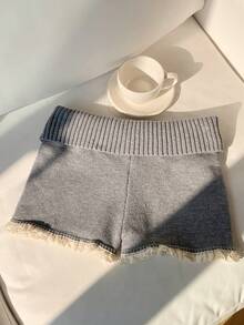 Comfortcana 蕾丝拼布可折叠不对称下摆灰色短款毛衣短裤 - 灰色 - 查看 2