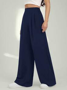 SHEIN Tall Quần ống rộng trơn màu thường ngày dành cho nữ - Màu xanh hải quân - Xem 7