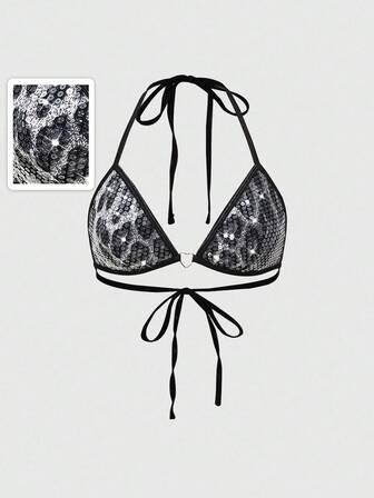 Grunge Punk Conjunto de ropa de mujer para fiesta de playa, estilo callejero de festival, sujetador de leopardo con lentejuelas y cuello de halter sexy