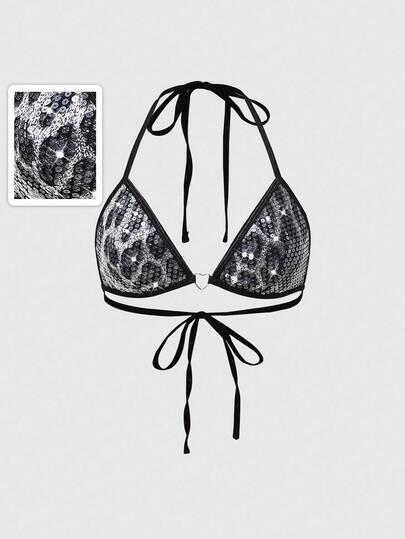Grunge Punk Women's Punk Rock Rave Beach Party Outfit, Festival Street Style, Halter Neck Sexy Leopard Print Sequin Bra