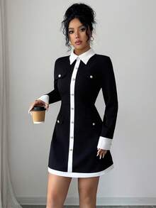 Elenzga Elegant Back To School Cocktail Party Date Night Office Commute Women's Slim Fit Color Block Button Decor Shirt Collar Long Sleeve Mini Dress, Autumn/Winter