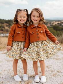 SHEIN Vintage Floral Adjustable Strap Dress + Solid Button Jacket Set, Casual Cute Resort Style, Elegant For Daily, Party, Gift Young Girls - Brown - View 2