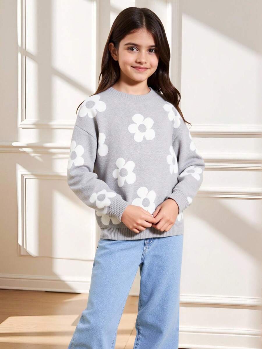 SHEIN Tween Girls Floral Pattern Round Neck Drop Shoulder Long Sleeve Casual Knit Sweater, Autumn/Winter