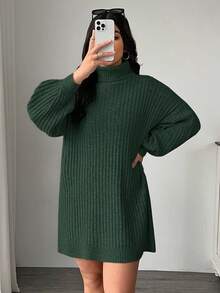 SHEIN EZwear Vestido de suéter de punto grueso y holgado con mangas de farol de cuello alto, otoño/invierno, talla grande - Verde Oscuro - Ver 4
