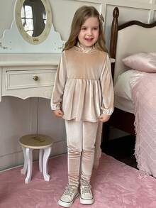 Elladie kids 2pcs/Set Young Girl Autumn/Winter Velvet Fabric Long Sleeve Hooded Sweatshirt With Ruffle Trim & Elastic Waist, Casual Leggings Set - Khaki - View 5