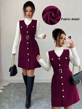 Elenzga Robe mini texturée élégante et vintage pour femmes, avec col en V, boutons métalliques décoratifs et sans manches