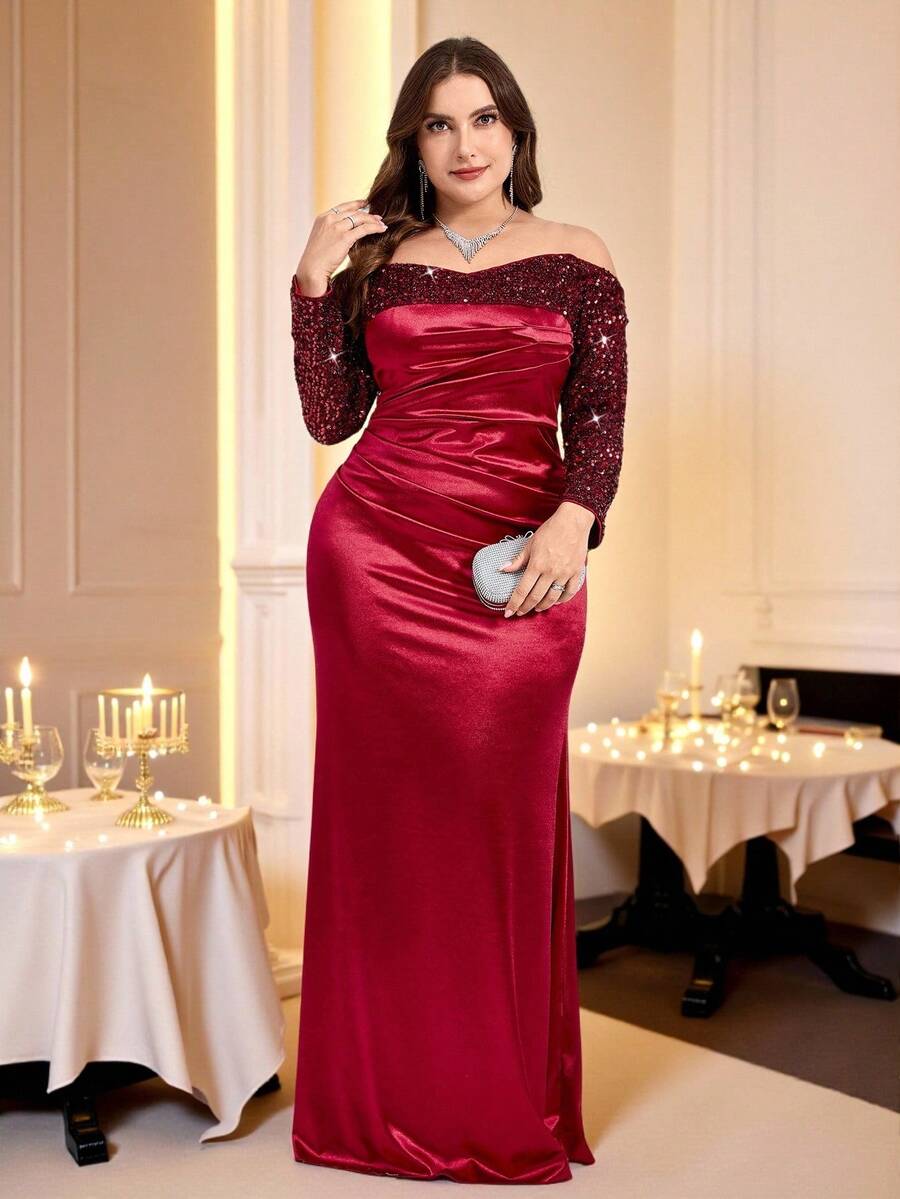 Coutiva Vestido de noite formal plus size com lantejoulas, patchwork, babados, ombro de fora, manga comprida