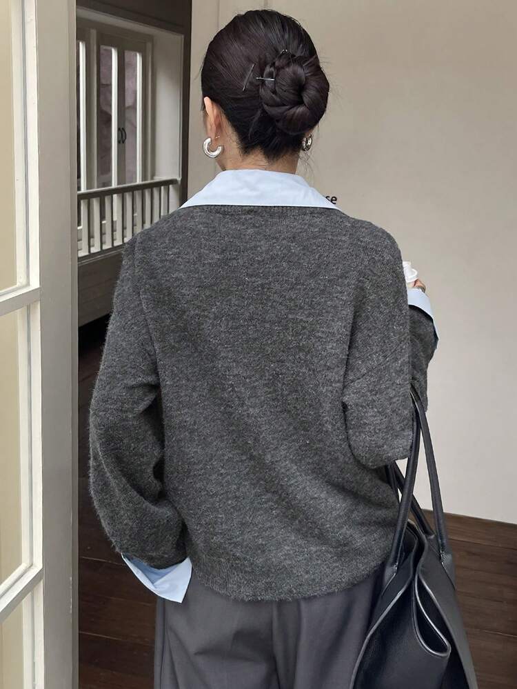 Women's Casual Contrast Color Patchwork Collar Sweater, Autumn