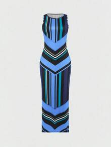 EMERY ROSE Sleeveless Geometric Pattern Slim-Fit Long Dress With Side Slits Maxi Women Outfit - Multicolor - View 3