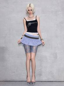ROMWE Avant Women's Retro Collegiate Ballet Sports Lace Trim Sexy Low Waist Sheer 3/4 Leggings - Grey - View 6