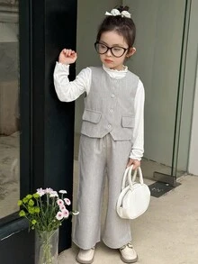 SHEIN 年轻女孩休闲圆领前扣背心和宽松直筒裤套装 - 灰色 - 查看 6