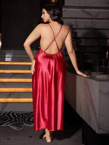 SilkySpell 1pc Women's Sexy Lace Slip Dress, Elegant Satin Plus Size Nightgown, Suitable For Outerwear All Season Lingerie Skirt Set Red And Black Lingerie Long Lingerie Dress Curve Night Gown - Burgundy - View 2