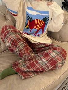 FRIFUL Pantalones rectos de cintura elástica a cuadros rojos para mujer, pantalones casuales sueltos y versátiles, para otoño/invierno, Año Nuevo, Navidad - Rojo - Ver 6