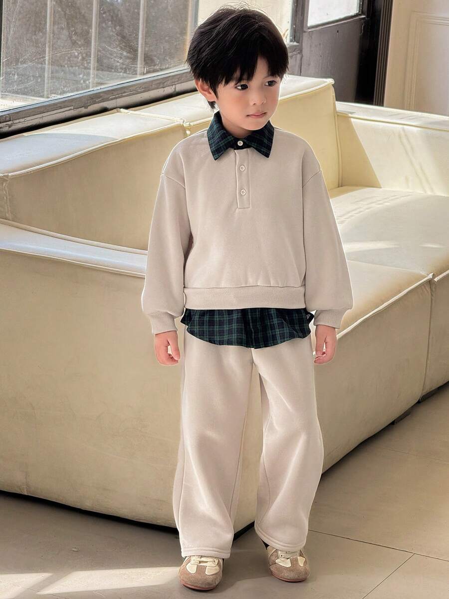 SHEIN Bộ áo hoodie và quần nỉ kẻ sọc chắp vá thường ngày cho bé trai - Màu be - Xem 1