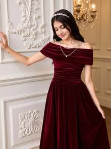 Elegant Burgundy Velvet Patchwork Ruffle Hem Off Shoulder Dress, Party/Formal Gown For Teen Girls, Suitable For Christmas, Halloween, New Year Elegant Teen Dress Velvet Dress Evening Wear Teen - Burgundy - View 6