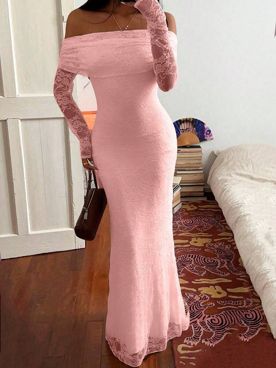 SHEIN Unity Elegant Lace Off-Shoulder Solid Color Dress For Wedding, Christmas Party, And Formal Occasions - Baby Pink - View 1