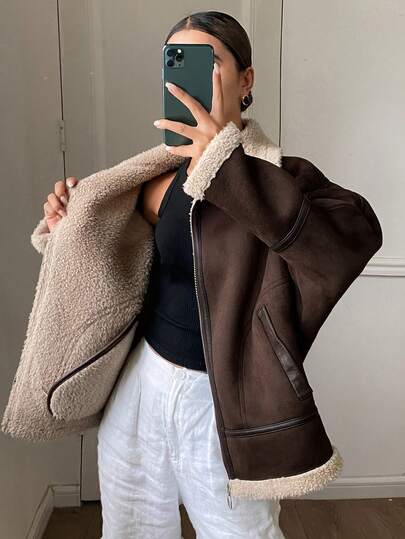 DAZY Faux Fur Suede Jacket For Women, Vintage High-End Thick Motorcycle Coat Thermal Lined,Winter