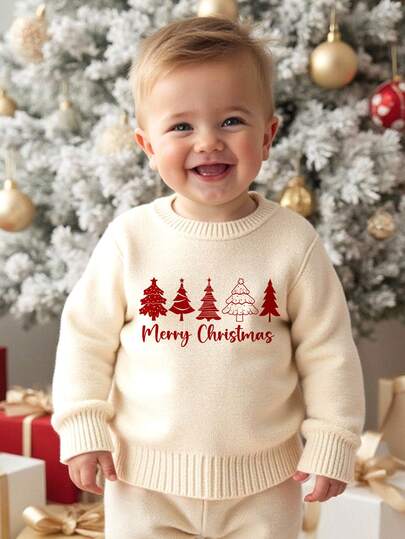 SHEIN Young Boy's Classic Cute Christmas Tree Print Sweater, Casual & Minimalist, Suitable For Christmas And Autumn/Winter