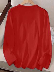 EMERY ROSE Women's Casual Loose Fit Owl Print Long Sleeve Round Neck T-Shirt - Red - View 2