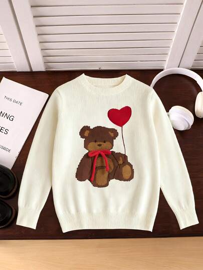1 peça suéter infantil de manga comprida casual minimalista para festas de Natal com urso marrom fofo segurando balão estampado em forma de coração, confortável e solto, adequado para outono, roupas de inverno, atividades no campus, roupas para atividades ao ar livre para festas, roupa de Natal, moda versátil, macia e aconchegante