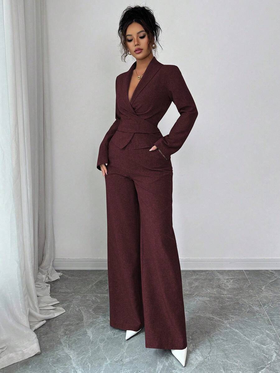 Modelyn 女式秋季梭织纯色斜襟裹腰长袖两件套 - 酒紅色 - 查看 1