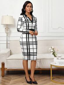 SHEIN Lady 女士优雅格子修身中长通勤连衣裙 - 黑與白 - 查看 3