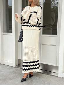 DAZY Women's Casual Contrast Striped Sweater And Skirt 2 Pieces Set, Autumn - Beige - View 4