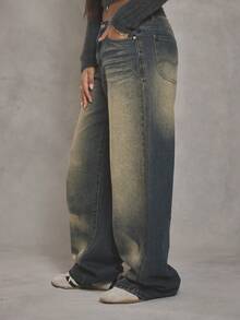 MUSERA Quần jeans ống rộng bạc màu, phong cách đường phố cá tính, thích hợp mặc hàng ngày mùa thu đông, kiểu sinh viên năm 1997, và cả mùa xuân hè. - Màu xanh lam - Xem 2