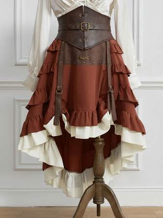 ROMWE Avant Plus Size Medieval Elegant Vintage Holiday Skirt, Faux Suede Patchwork Waist Ruffle Hem Brown Skirt, Autumn/Winter Plus Size Party Formal Bottoms, Retro Palace Style Ladies Skirt