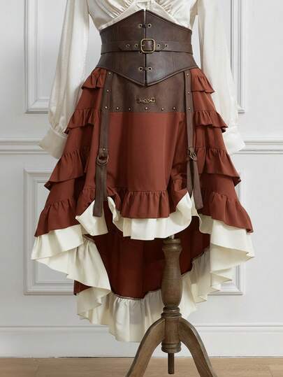 ROMWE Avant Gonna vintage elegante stile medievale per taglie comode, gonna marrone in ecopelle con arricciatura in vita e orlo a volant, gonna formale da festa per autunno/inverno, stile vintage da palazzo per signore di taglia comoda