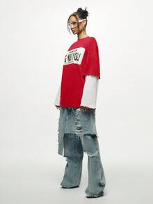 SUMWON WOMEN Oversized Texas Graphic Tee Long Sleeve Layered Statement T-Shirt Double Layer Design Casual Cotton Blend Top