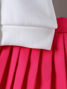 SHEIN 2pcs Baby Girls Summer Outfit: Embroidered Knit Shirt + Solid Color Pleated Skirt