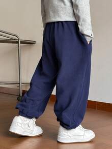SHEIN 男童休闲字母刺绣抽绳运动裤 - 藍色 - 查看 4