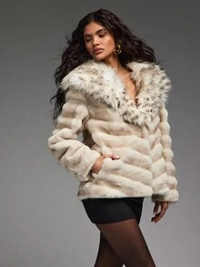 SHEIN Haute Áo khoác lông thú giả dài tay rộng rãi thời trang có mũ trùm đầu dành cho nữ - Màu be - Xem 2