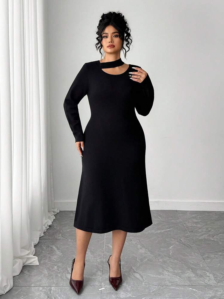 Dazy Plus Stretchy Fitted Solid Color Elegant Party Dress, Hollow Out Stand Collar Maxi Sweater Dress For Plus Size Women, Autumn/Winter