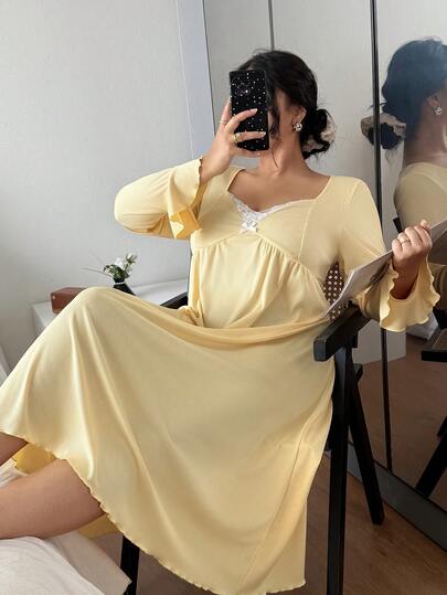 Dream Adore 加大码女士蕾丝边饰甜心领荷叶边喇叭袖修身长款睡裙，冬季