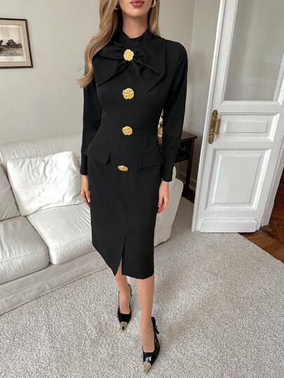 SHEIN Elenzya 女式立领蝴蝶结金属扣腰部设计长款复古简约优雅连衣裙，适合外出、办公室、商务、日常穿着、秋冬