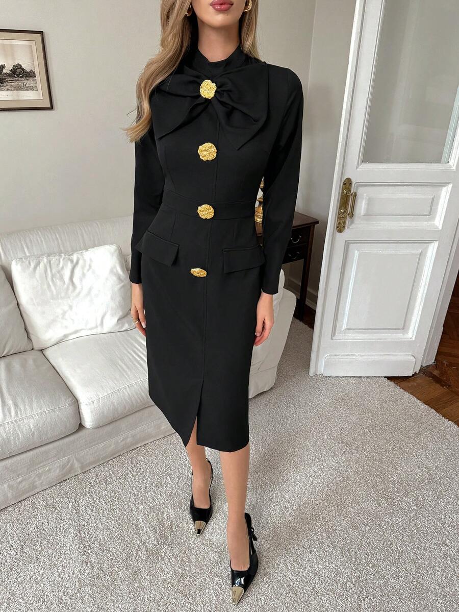 SHEIN Elenzya 女式立领蝴蝶结金属扣腰部设计长款复古简约优雅连衣裙，适合外出、办公室、商务、日常穿着、秋冬 - 黑色 - 查看 1