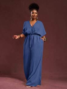 Veslaya Hàng mới về Thu Đông, Quần áo Thu/Đông nữ, Halloween, Lễ hội âm nhạc, Lễ Phục Sinh, Phong cách miền Tây, Phong cách du mục, Tiệc sinh nhật, Lễ tốt nghiệp, Trang phục học sinh, Thường ngày, Kỳ nghỉ, Du lịch tàu biển, Bãi biển, Tắm nắng, Thời trang, Bộ áo liền quần ống rộng màu trắng có họa tiết dành cho nữ cỡ lớn, eo rộng, ống đứng. - Màu xanh hải quân - Xem 11