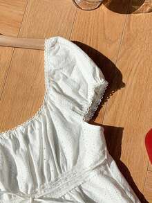 SHEIN Tween Girls Knit Textured Jacquard Ruched Ruffled Trim White Casual Blouse, Vacation/Country Style, Back-To-School, Sweet Top