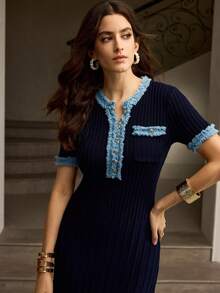 ZEYLAH 秋冬香风收腰长裙 - 藏蓝色 - 查看 4