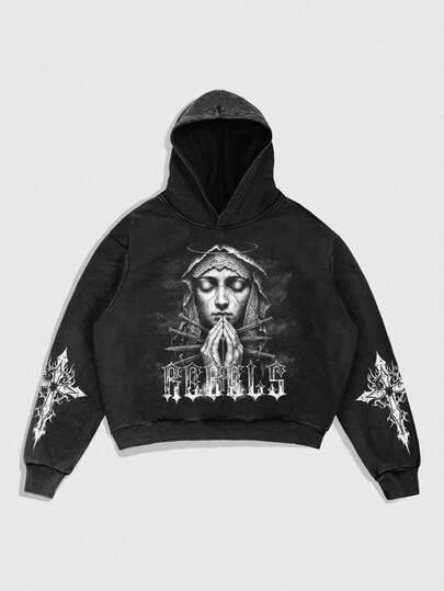 Goth Men's Snowflake & Cross Print Hooded Sweatshirt