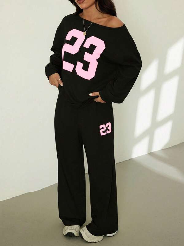 SHEIN PETITE Conjunto de 2 peças/conjunto feminino casual com estampa numérica, blusa de manga comprida e calças compridas